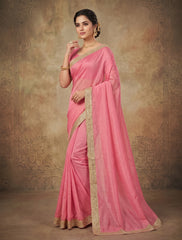 Women’s Pink Designer Saree with Golden Border – Elegant Ethnic Party Wear Saree for Wedding & Festive Occasions