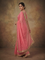 Women’s Pink Designer Saree with Golden Border – Elegant Ethnic Party Wear Saree for Wedding & Festive Occasions