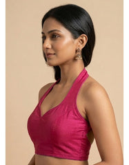 Women Silk Blend Halter Neck Blouse | Padded Backless Designer Saree Blouse | Party & Wedding Wear Readymade Blouse-Rani Pink