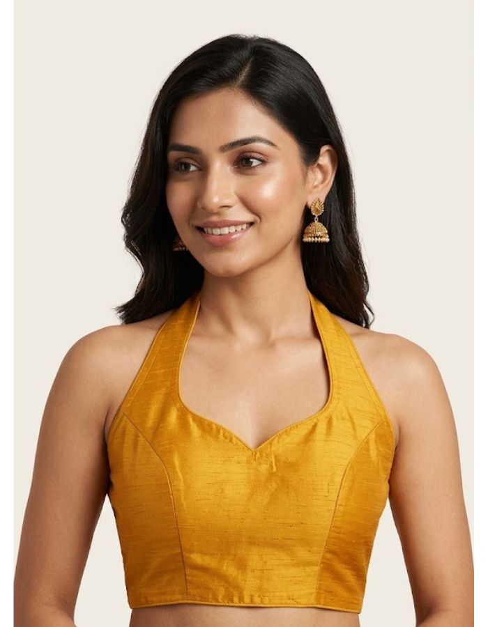 Mustard Yellow Halter Neck Blouse | Premium Cotton Silk Textured Fabric | Solid Color | Women's Ethnic Fusion & Party Wear