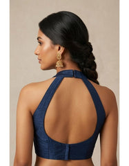 Navy Blue Halter Neck Blouse | Premium Cotton Silk Textured Fabric | Solid Color | Women's Sleeveless V-Neck Party & Casual Wear