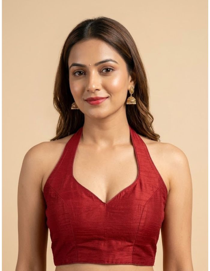 Maroon Cotton Silk Halter Neck Blouse | Textured Solid Color | Premium Ethnic Party & Festive Wear for Women