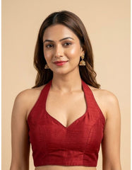 Maroon Cotton Silk Halter Neck Blouse | Textured Solid Color | Premium Ethnic Party & Festive Wear for Women