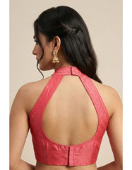 Women Silk Blend Halter Neck Blouse | Padded Backless Designer Saree Blouse | Party & Wedding Wear Readymade Blouse-Pink