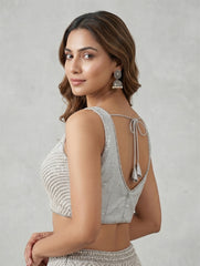 Luxury Pearl Embellished V-Neck Crop Top | Silver Beaded Readymade Saree Blouse | Designer Lehenga Choli Top for Wedding & Party Wear