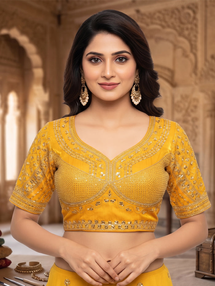 Designer Yellow Embroidered Saree Blouse | Padded Sweetheart Neck Blouse (Perfect for Haldi & Weddings)