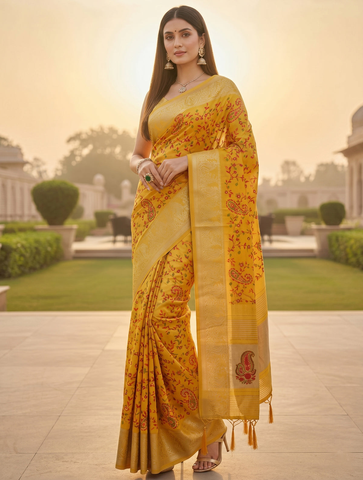 Women Mustard Yellow Silk Saree with Kashmiri Multi thread Embroidery – Karva Chauth Special