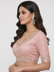 Premium Pastel Pink Embroidered Silk Saree Blouse | V-Neck Indian Crop Top for Lehenga | Wedding & Festive Wear