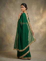 Dark Green Organza Silk Saree with Golden Fringe Border | Elegant Party Wear Saree