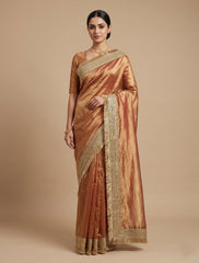 Copper Gold Silk Blend Saree with Elegant Fringed Zari Border