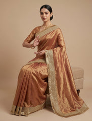 Copper Gold Silk Blend Saree with Elegant Fringed Zari Border