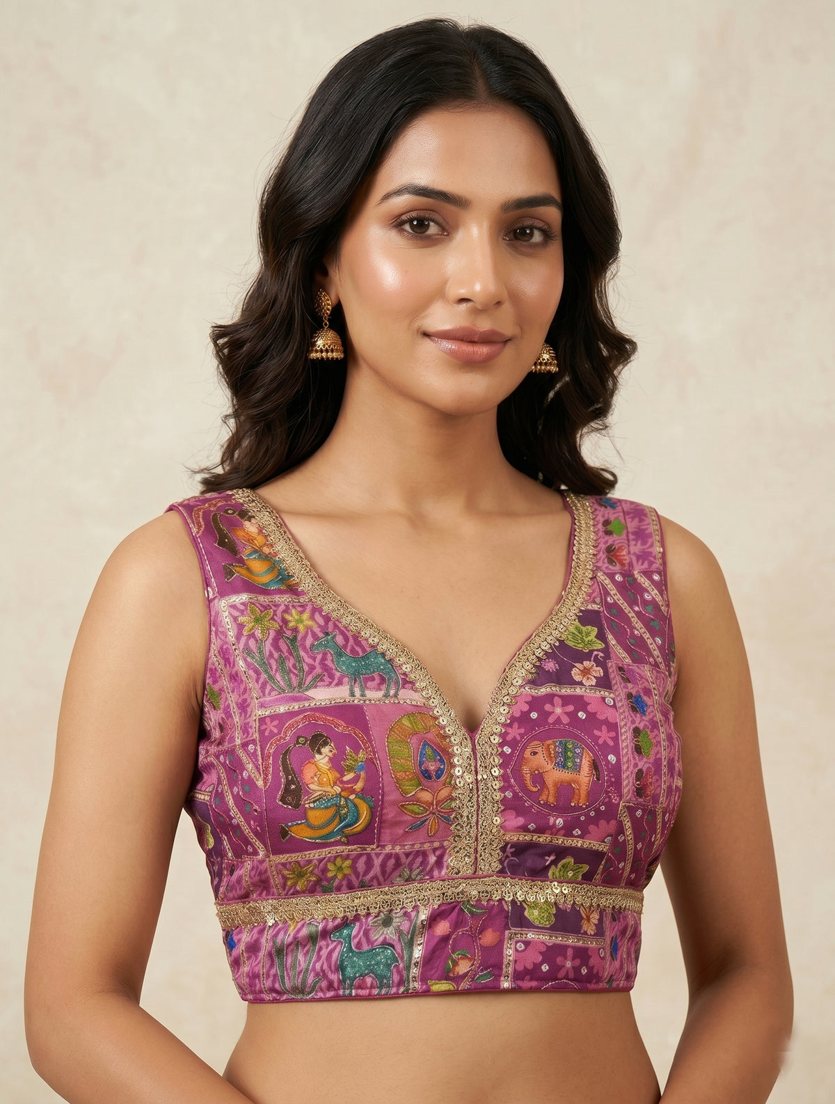 Women's V-Neck Cotton Silk Ethnic Blouse | Kantha Print & Zari Work Crop Top | Traditional Saree Choli