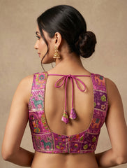 Women's V-Neck Cotton Silk Ethnic Blouse | Kantha Print & Zari Work Crop Top | Traditional Saree Choli