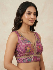 Women's V-Neck Cotton Silk Ethnic Blouse | Kantha Print & Zari Work Crop Top | Traditional Saree Choli