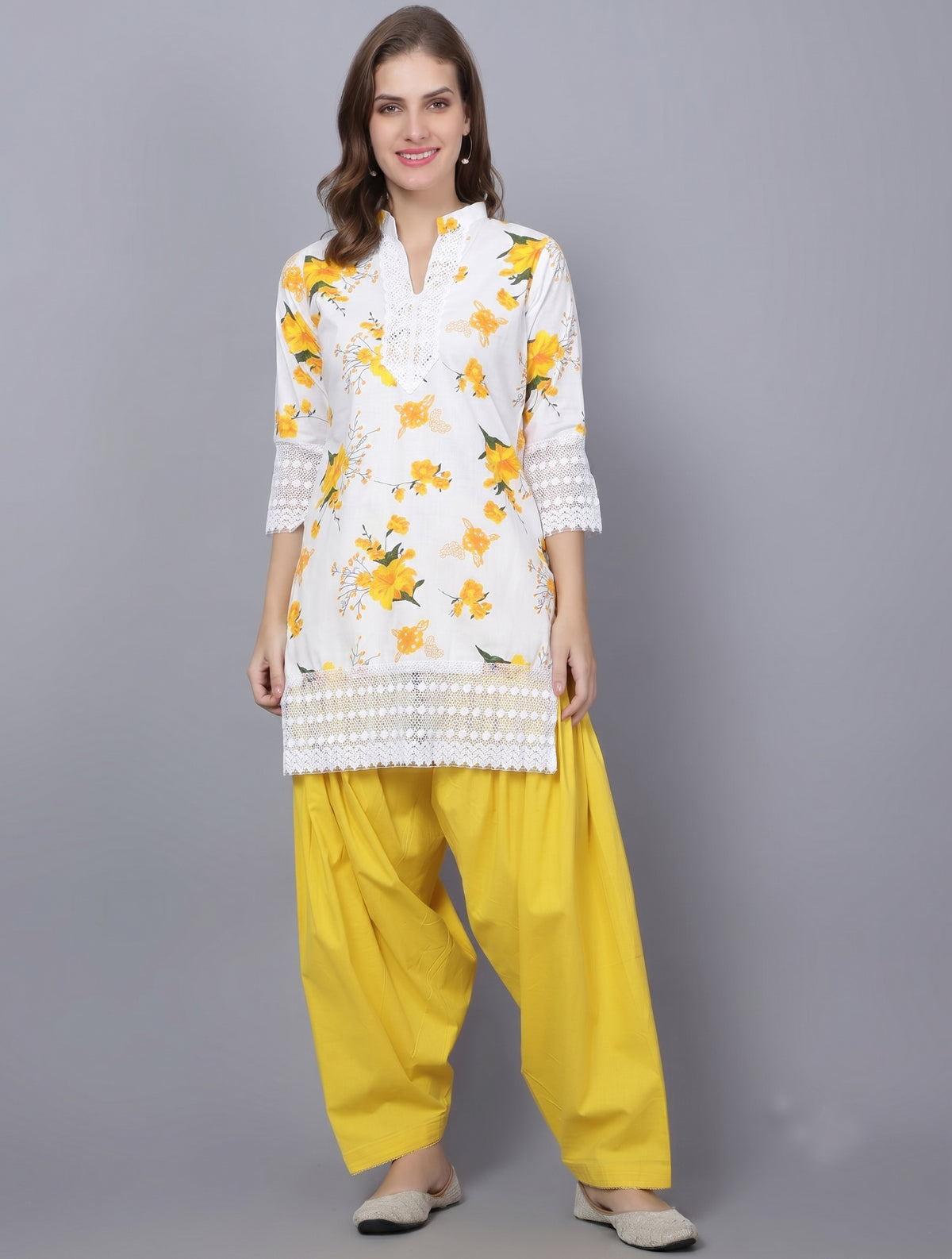 Indian Women Apple Cut Yellow Floral Print Pure Cotton Straight Kurta